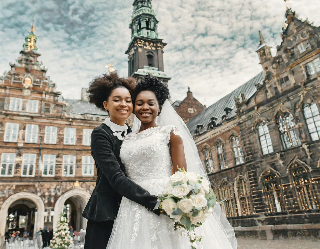 Frischvermählte mit Blumenstrauß vor der Kulisse einer antiken Stadt